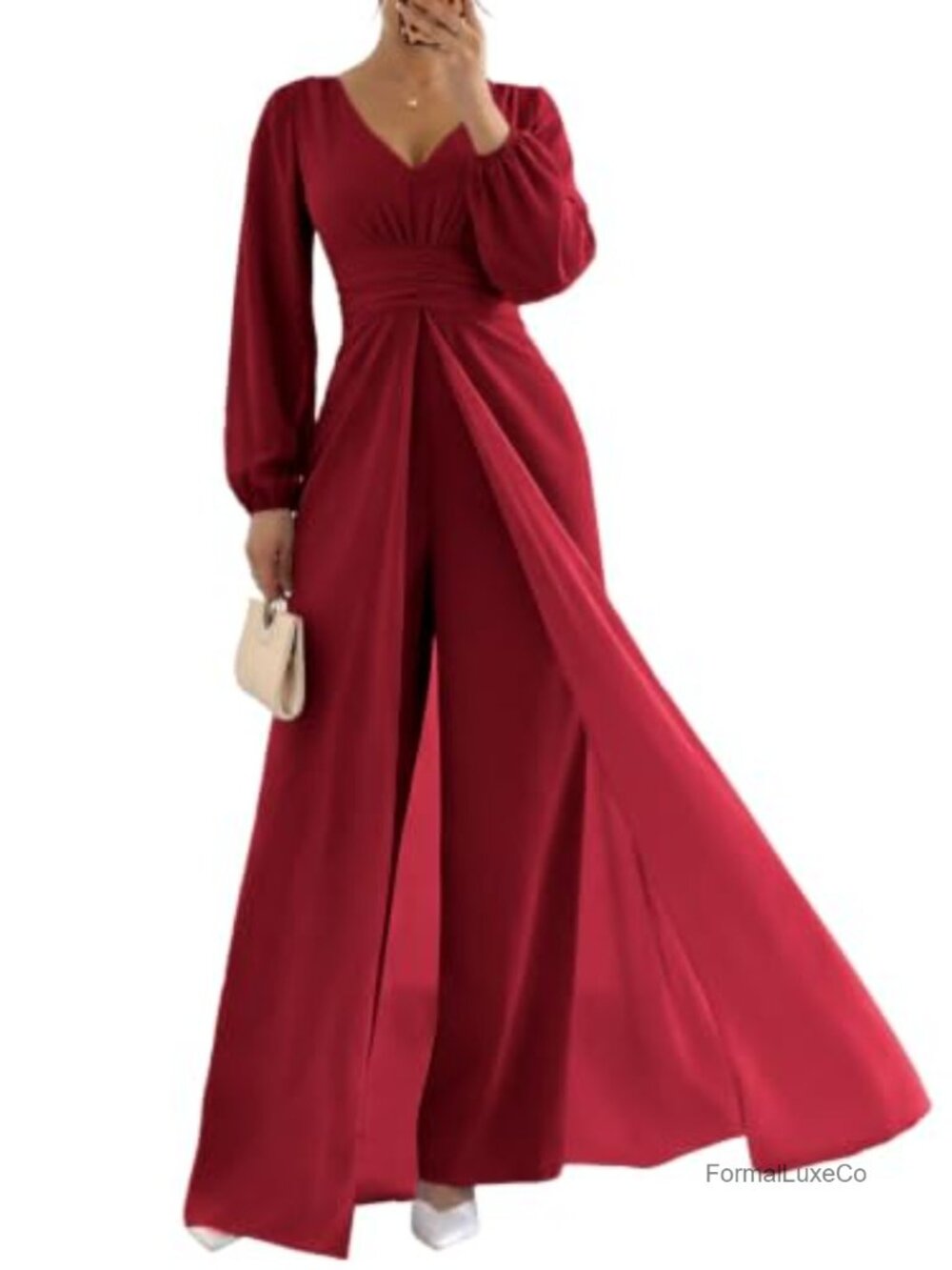 Dressy Chiffon Overlay Wide Leg Jumpsuit V-Neck Long Sleeve Evening